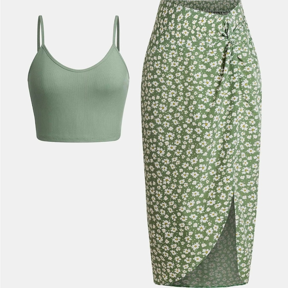 Yozy Ditsy Floral Split Thigh Skirt and Crop Cami Top